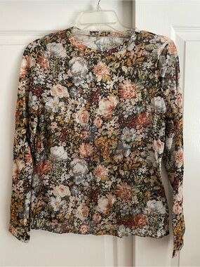 NWT women’s Asian sizing XL long sleeve floral mesh top earth tones autumn color